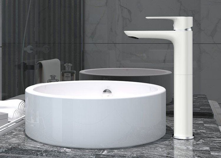 Grifo lavabo caño alto CASSIO CROMO / BLANCO ambiente