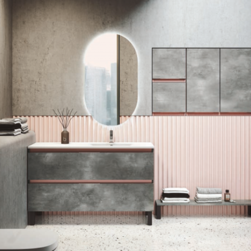 Mueble AQUA 100 Marmoleado Steel / Barras Rosa Palo